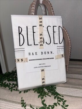 Rae Dunn White Pillowcase Set with Black Embroidered "BLESSED"